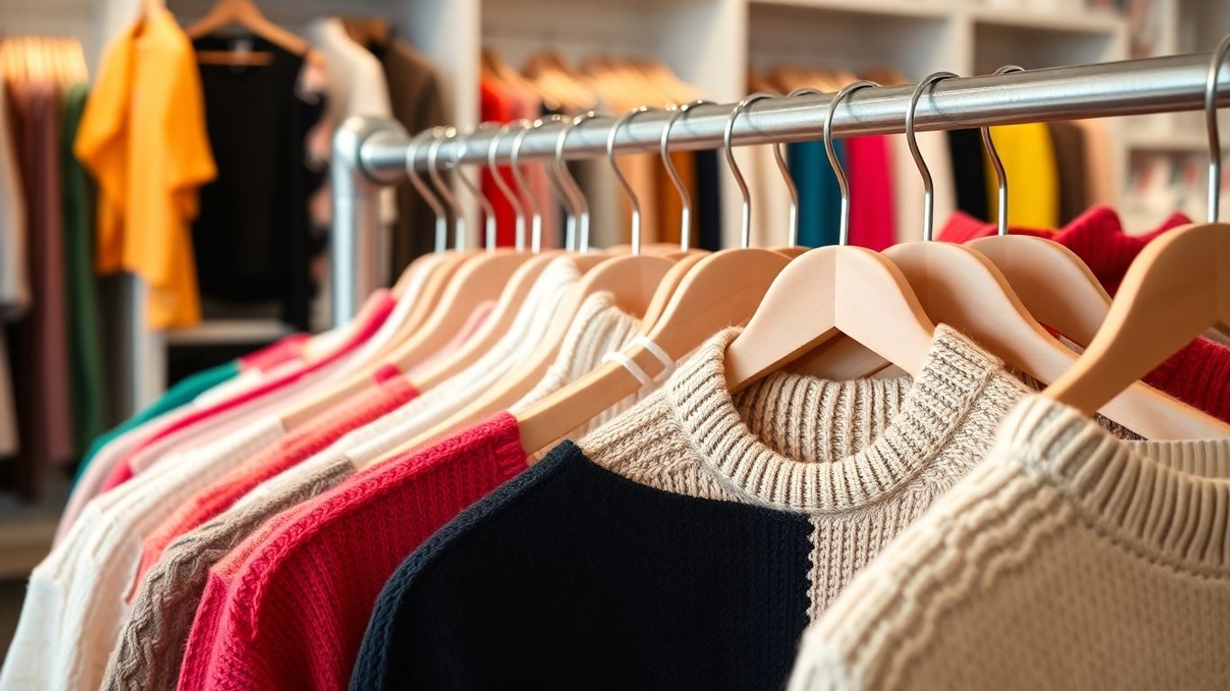 Stylish clothing items on hangers in a retail setting.