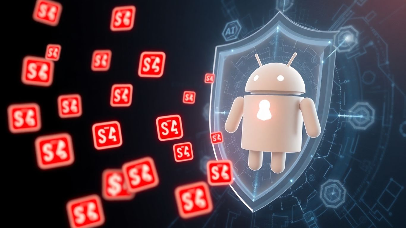 Android AI shield blocks scam icons.