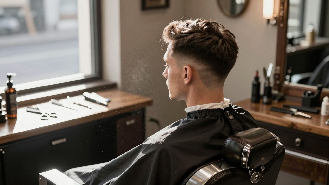 Man getting a stylish haircut in a classic barbershop.