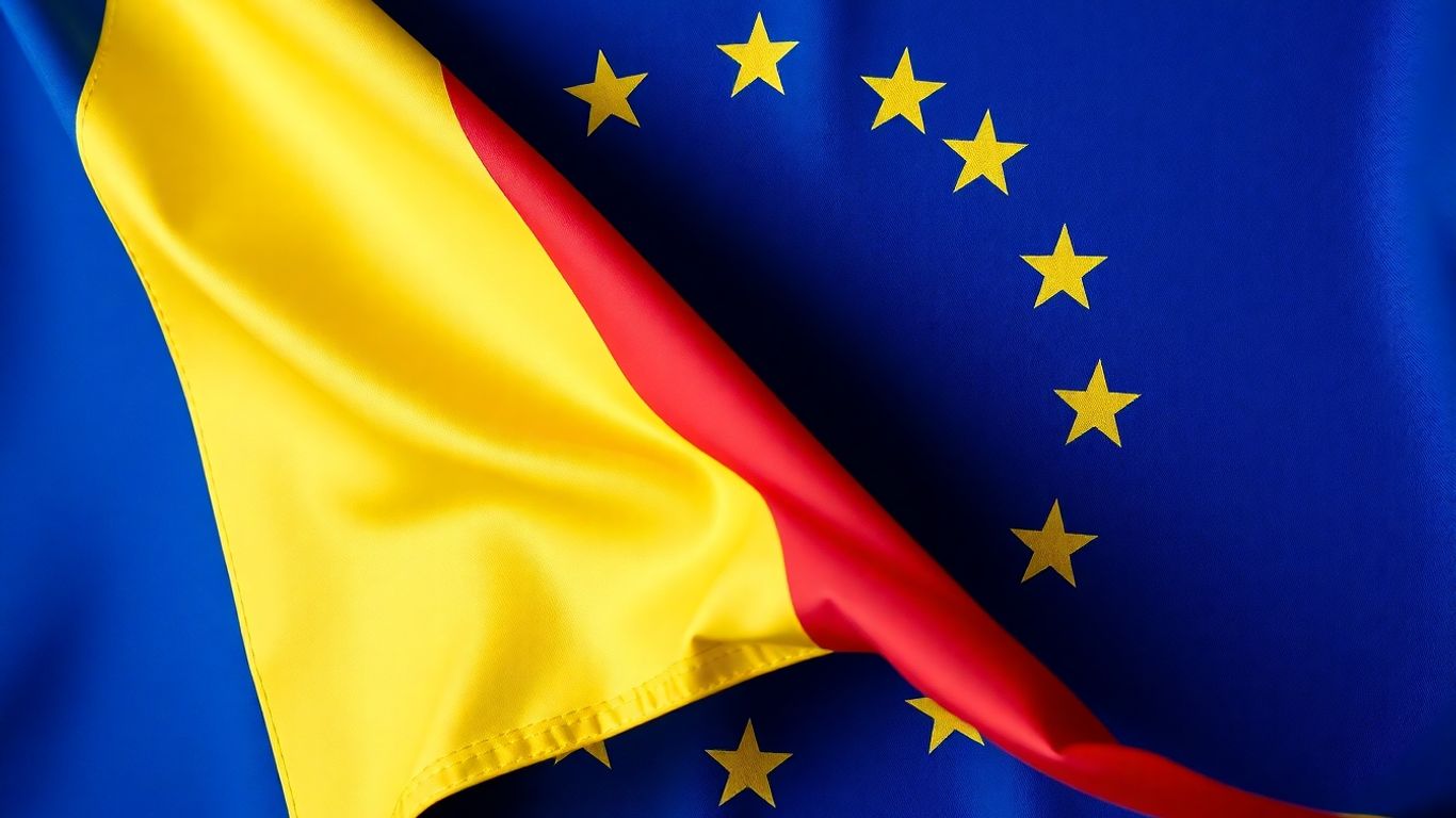 Steagul României și steagul Uniunii Europene împreună.