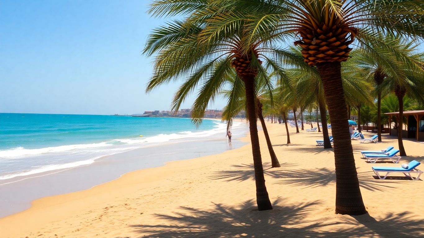 Beautiful Moroccan beach with clear blue water and palm trees.