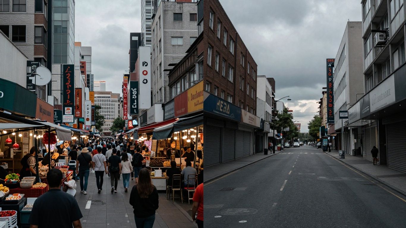 Oraș animat și oraș pustiu, contrast vizual puternic.