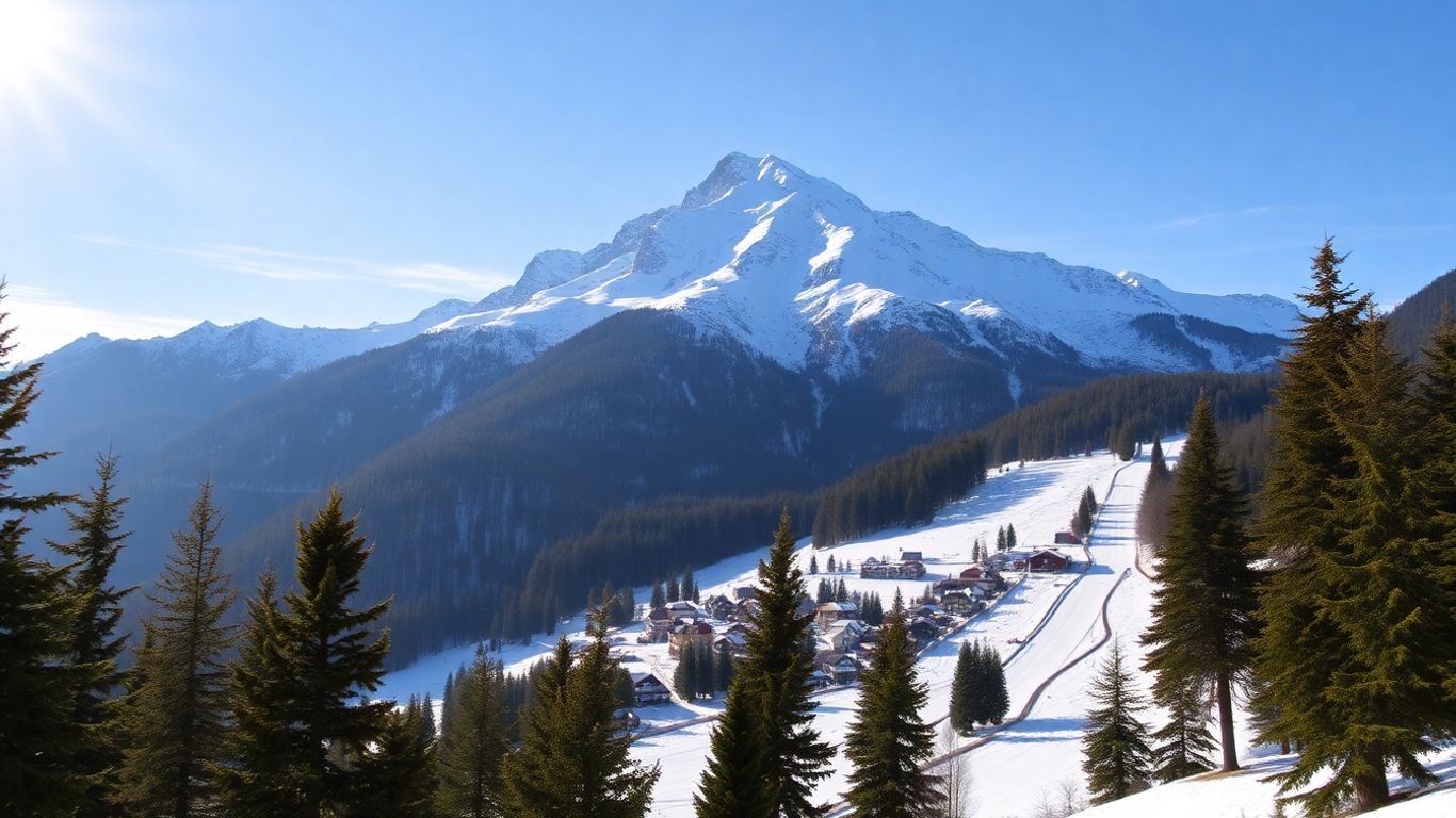 Rent Luxury Holiday Villas Le meilleur ski du Valais : Zermatt, Verbier et les meilleures activités de luxe du canton Pic de montagne enneigé au-dessus d'un village suisse et d'une piste de ski.