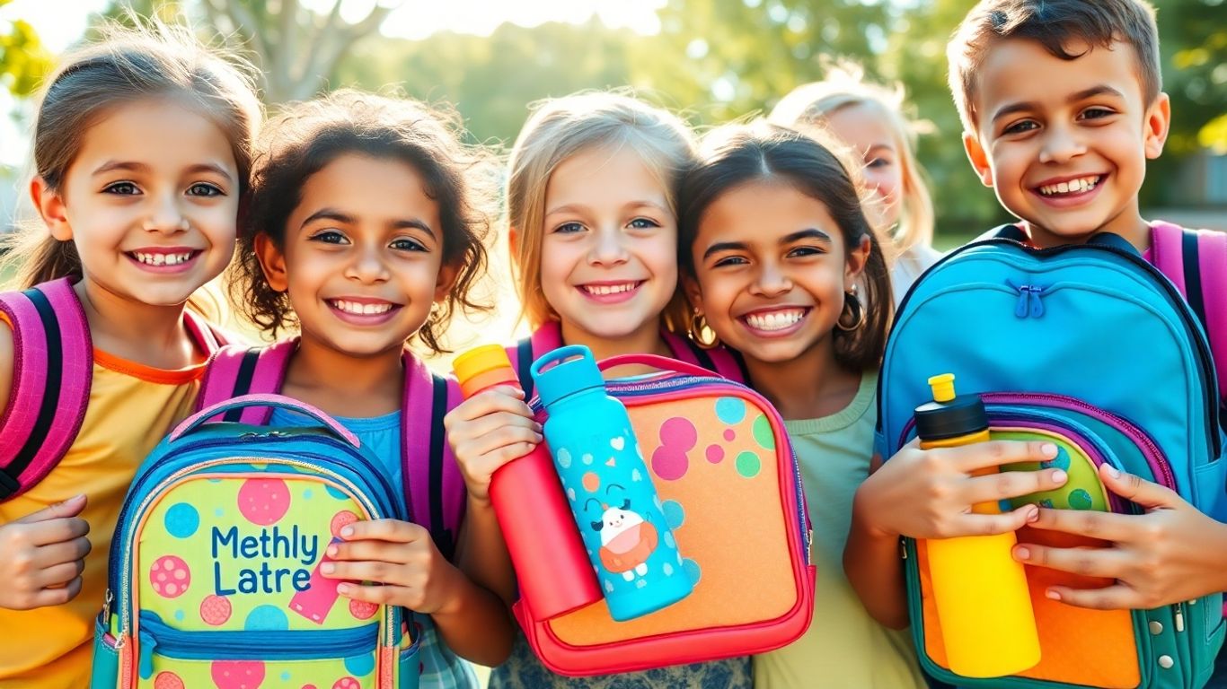 Children happily holding personalized school supplies