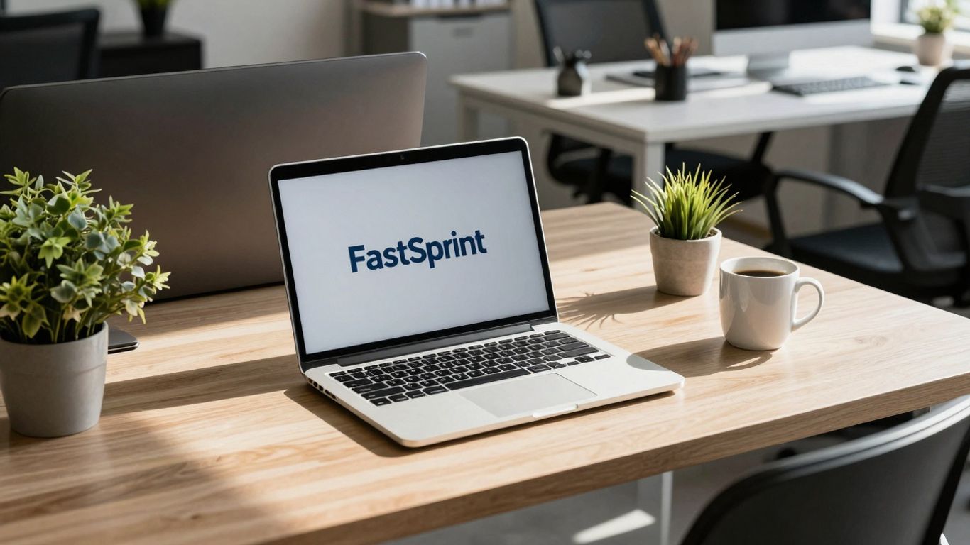 FastSpring logo on a laptop screen in an office.