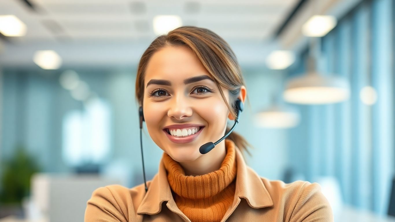 Customer service representative smiling in a modern office.