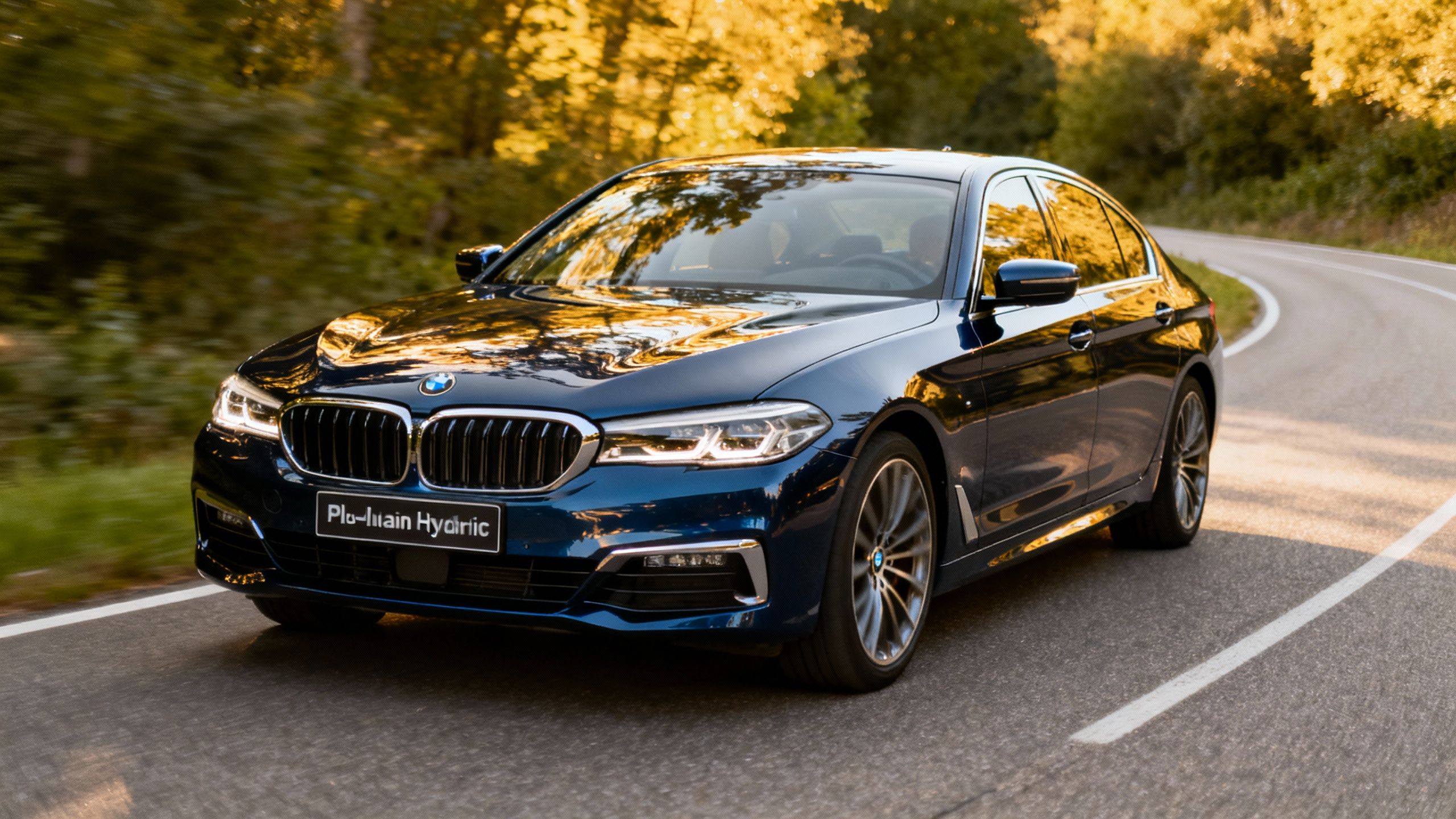 BMW 5 Series plug-in hybrid sedan on a scenic road.