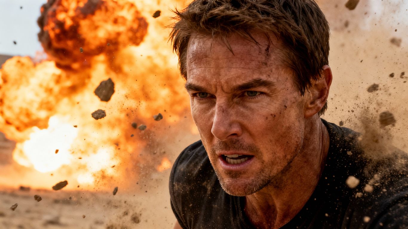 Ethan Hunt in action with explosion behind him.