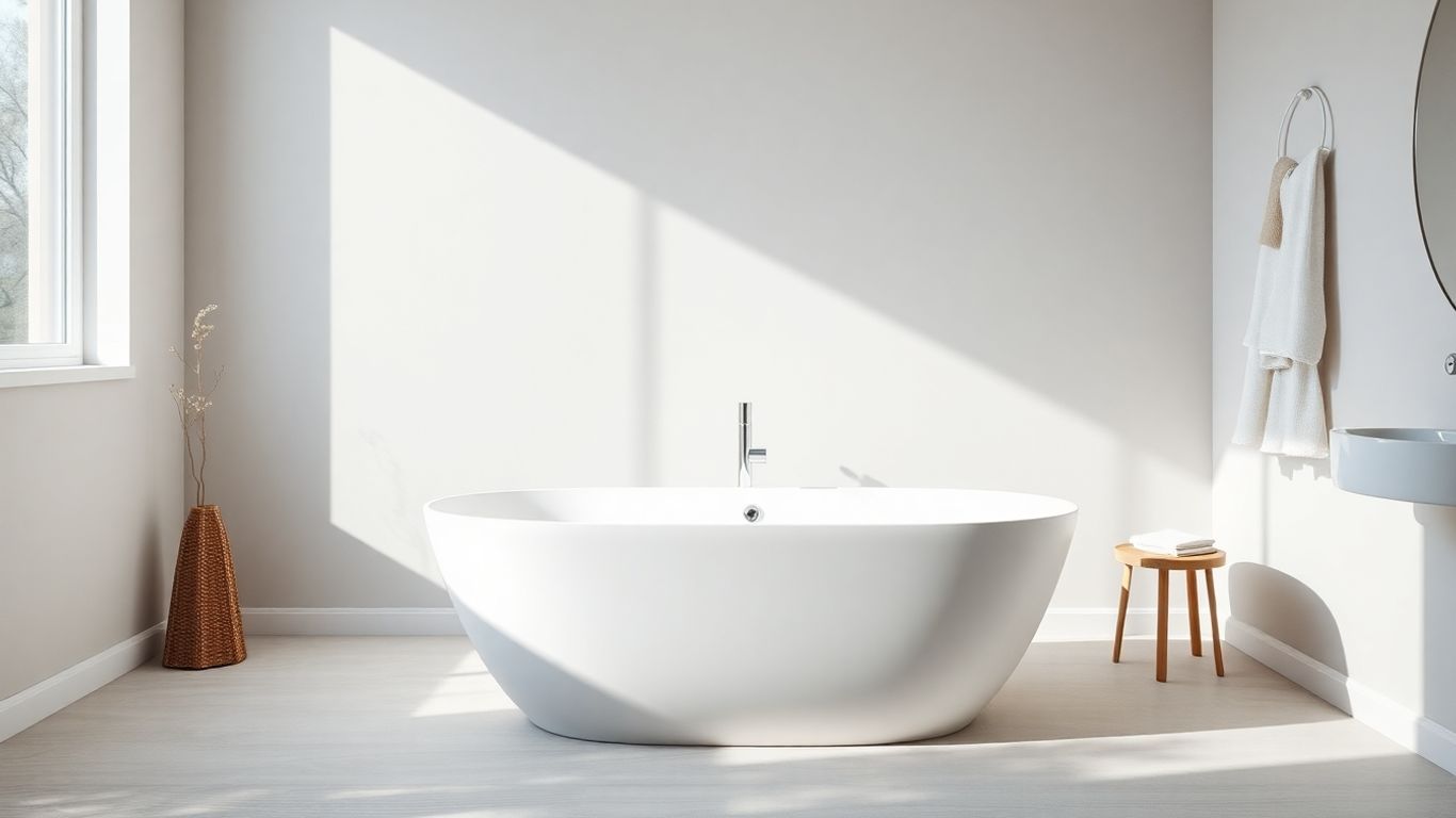 Freestanding bathtub in a minimalist Scandi bathroom.