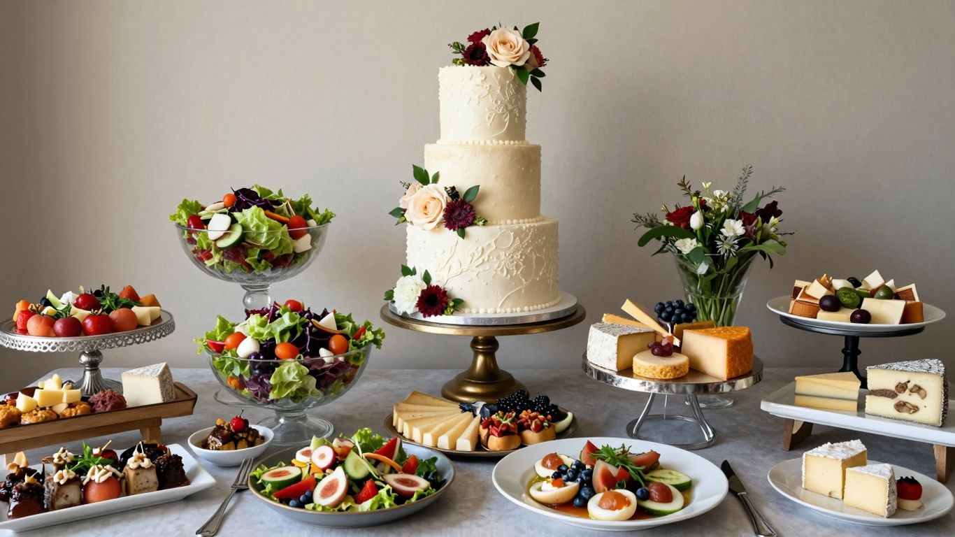 Wedding buffet with gourmet dishes and a tiered cake.