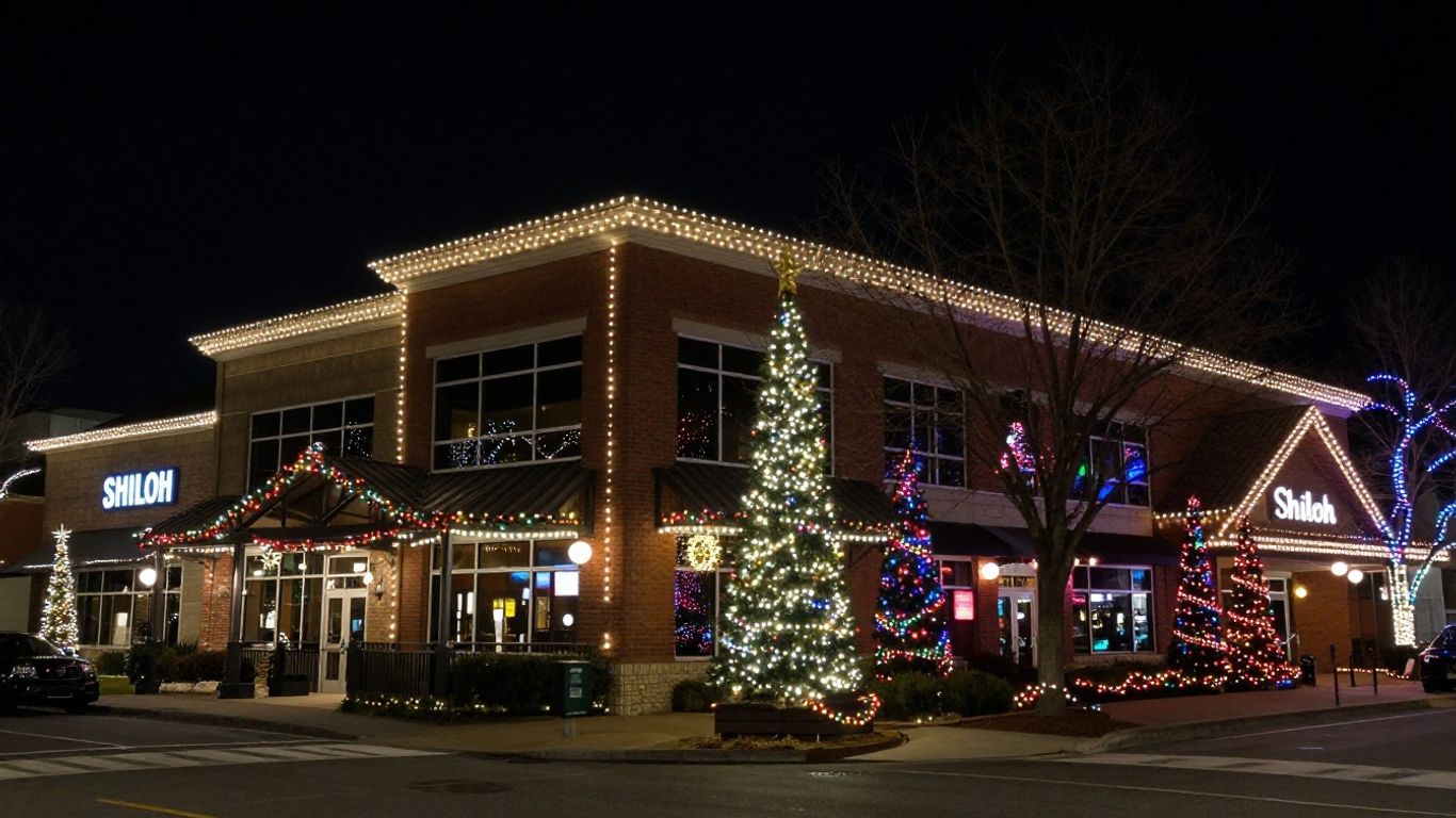 Commercial building with bright Christmas lights in Shiloh.