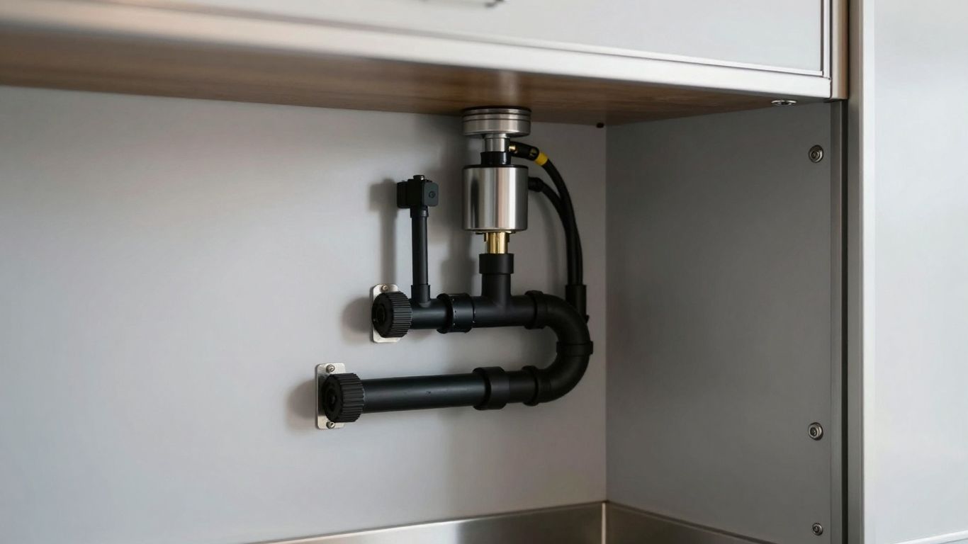 Food trailer interior with electrical wiring and plumbing.