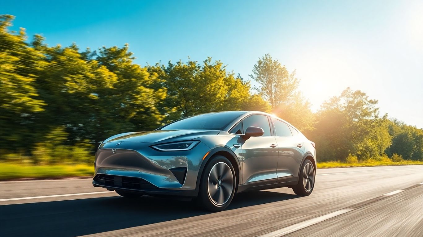Electric car driving on a green road.