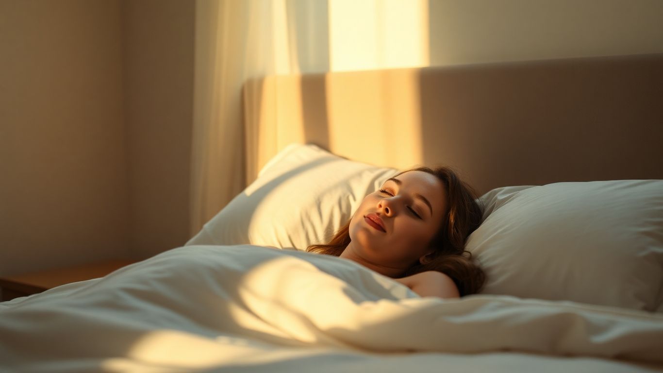 Person sleeping peacefully in a dimly lit, cozy bedroom.