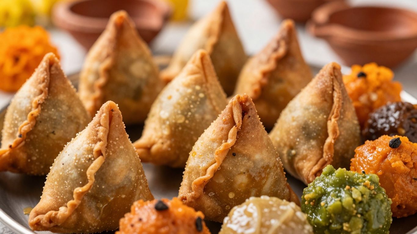 Assorted delicious Diwali appetizers arranged on a festive platter.