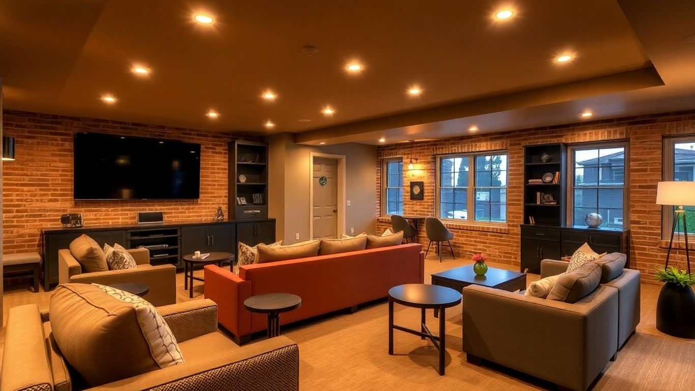 Finished basement with brick accents and modern decor.