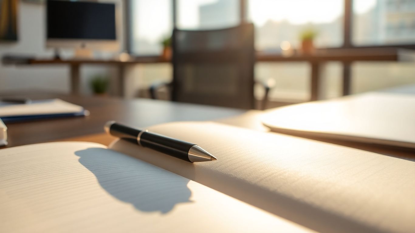 Open business plan journal with pen on desk.