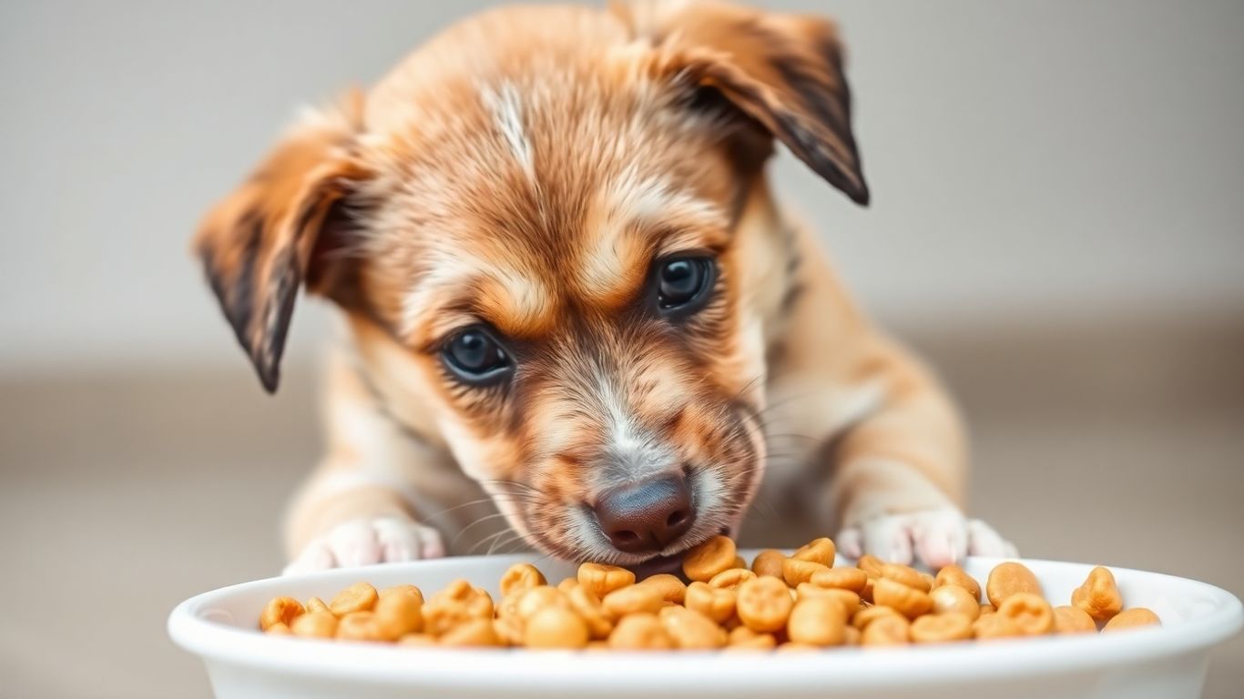 Puppy eating healthy kibble from a bowl.