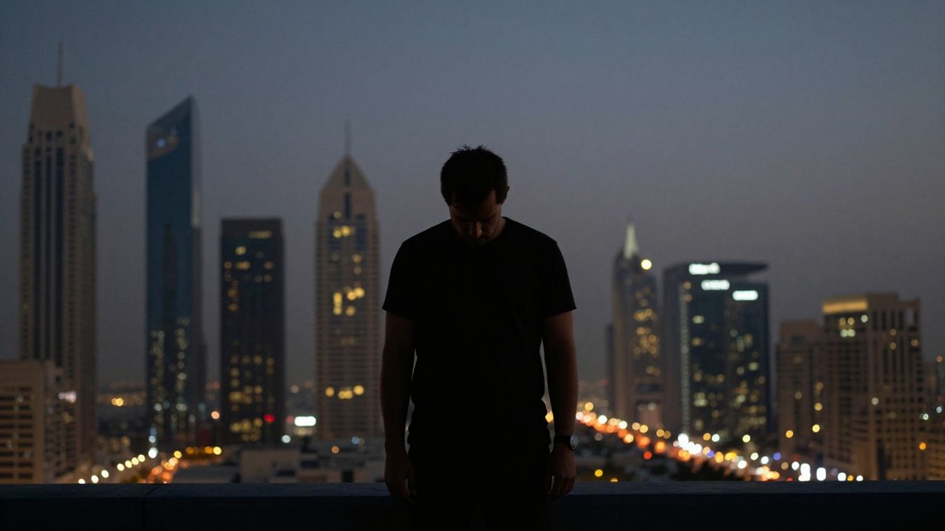 Tired person overlooking Dubai skyline at dusk.