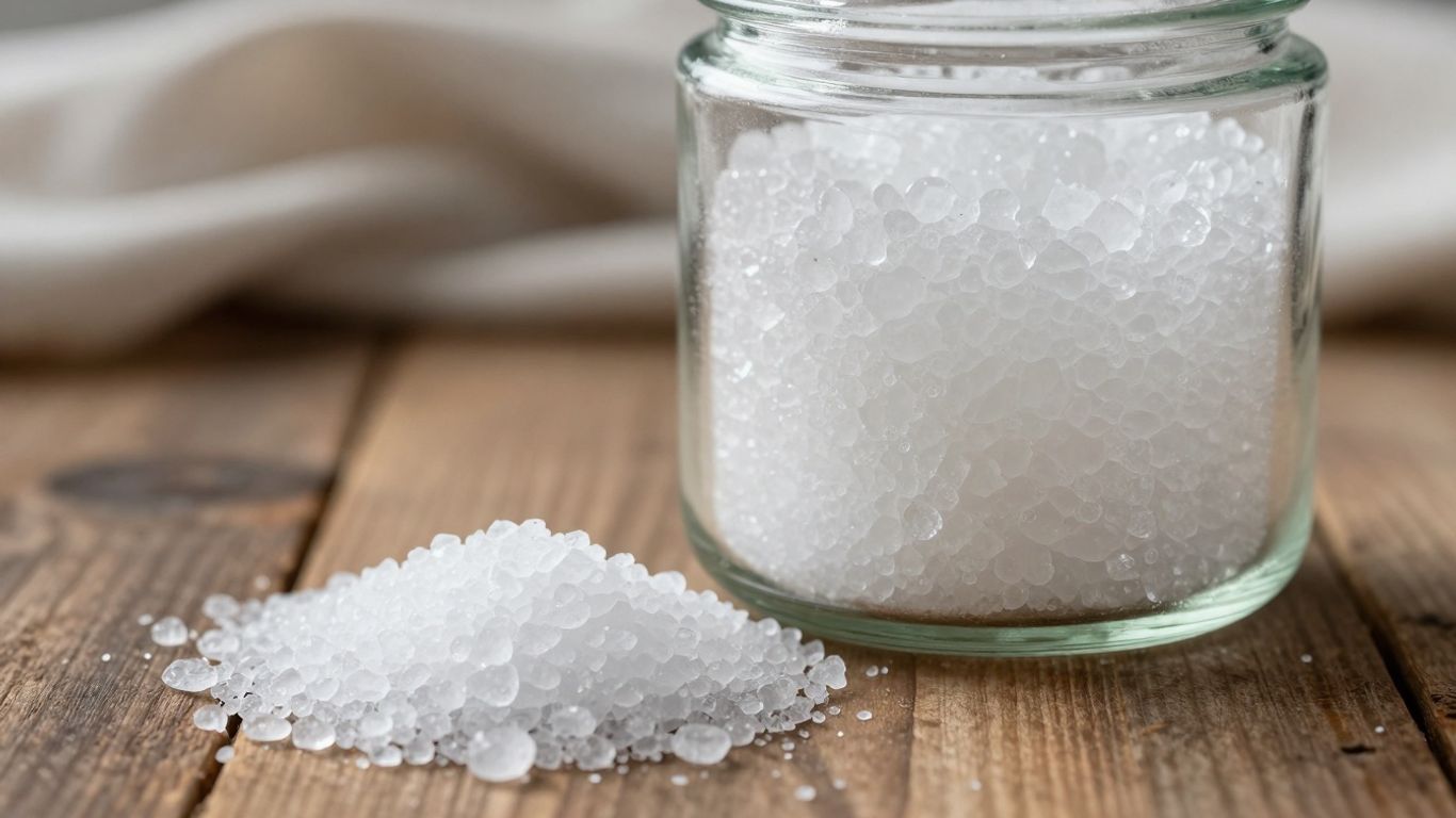 DIY fabric softener crystals in a jar and on a surface.