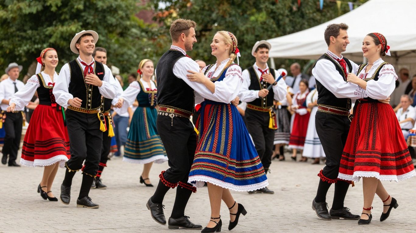 Grup de români în costume populare dansând.