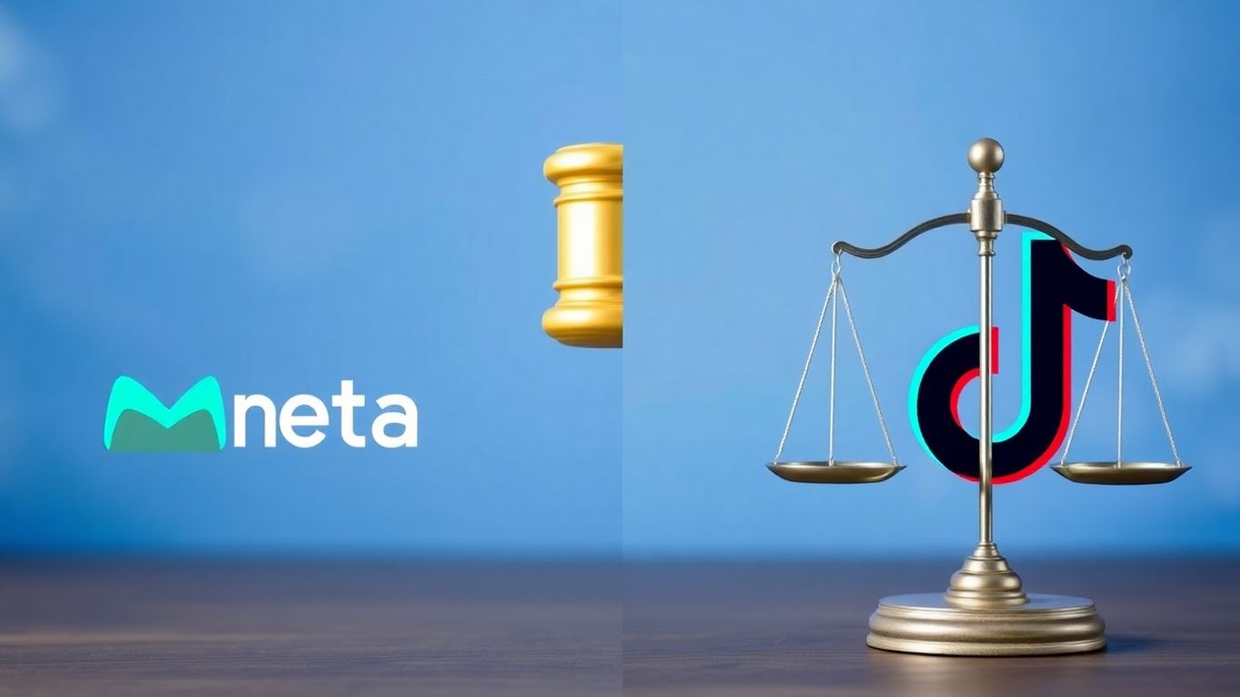 Logos Meta et TikTok face à une balance de la justice.