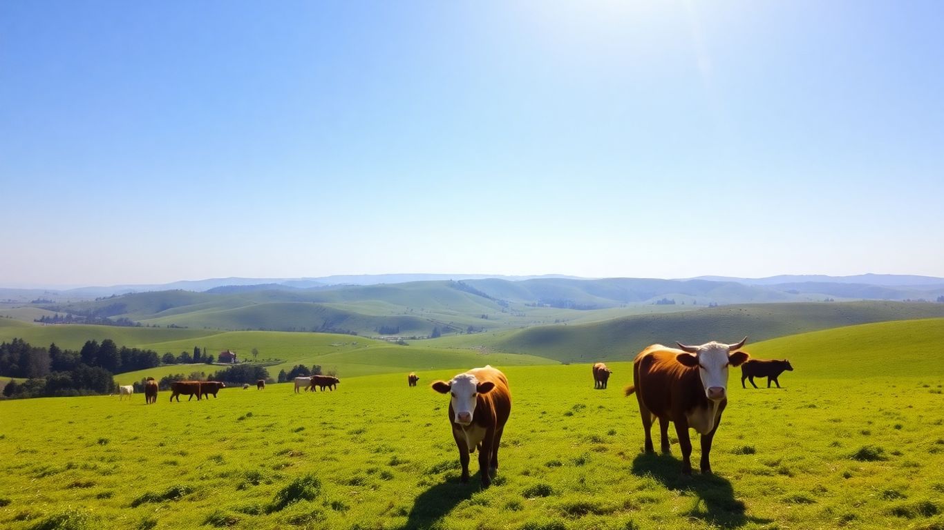 Cattle grazing on a lush green pasture under a sunny sky.