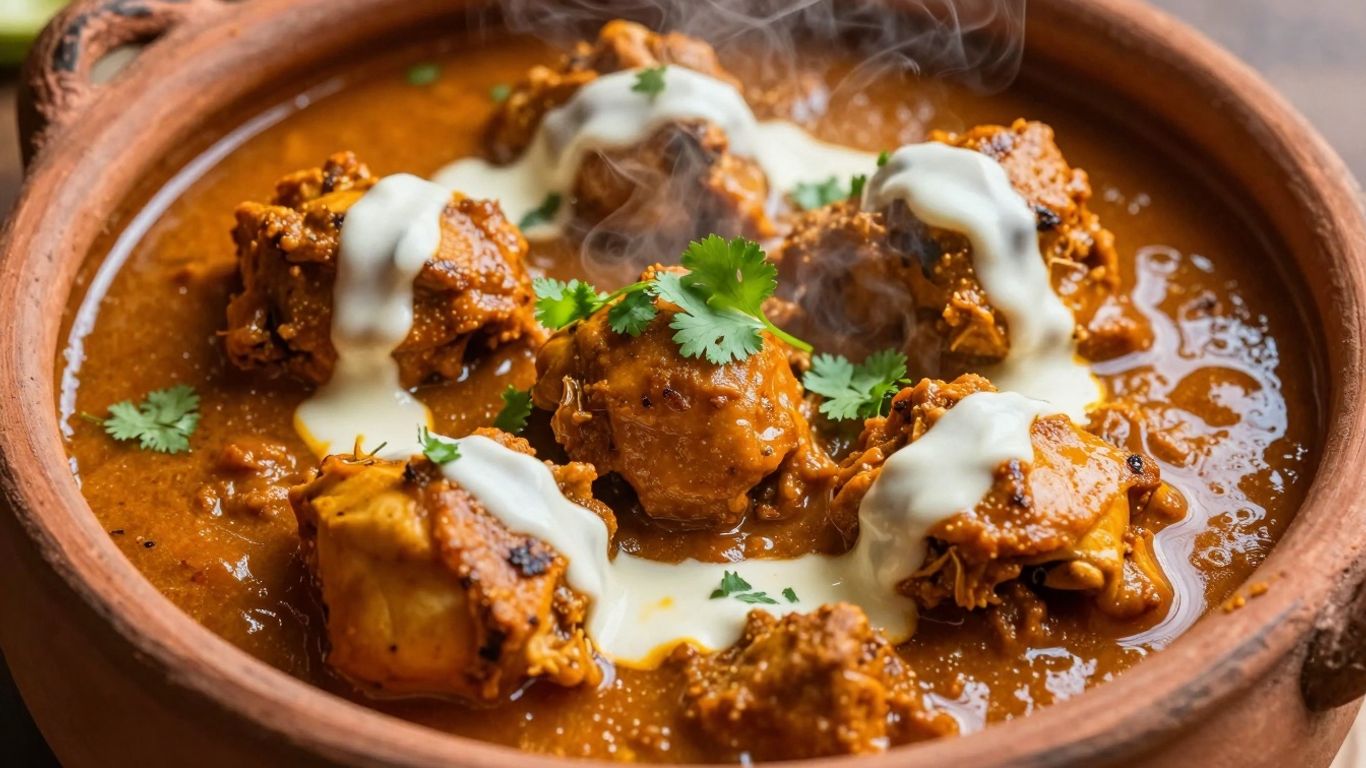 Spicy Indian chicken curry in a clay pot with cilantro.