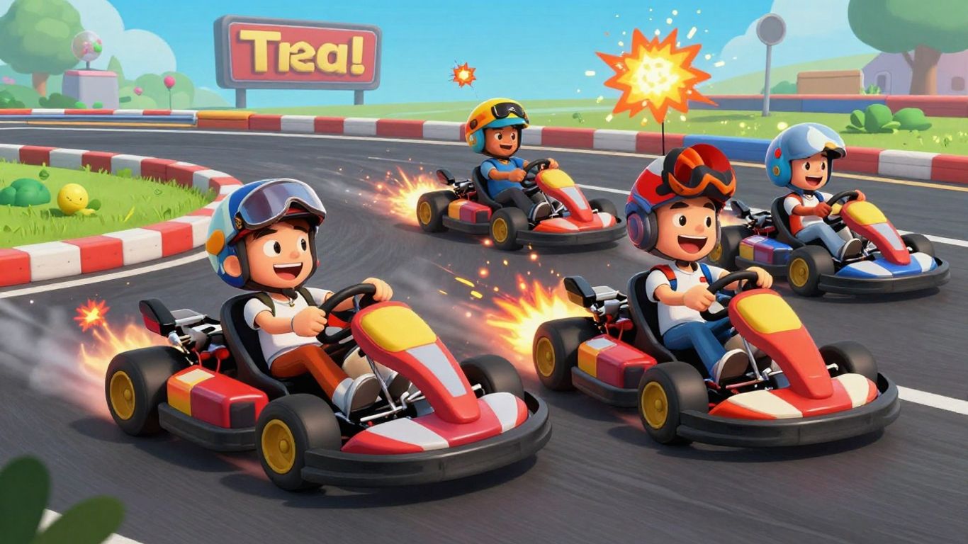 Go-karts racing with colorful effects and excited players.