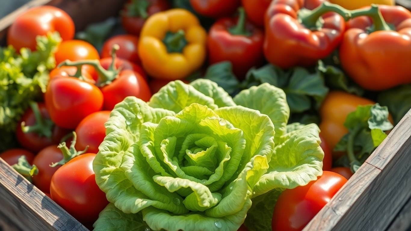 Frisches Bio-Gemüse und Obst in einer Holzkiste.