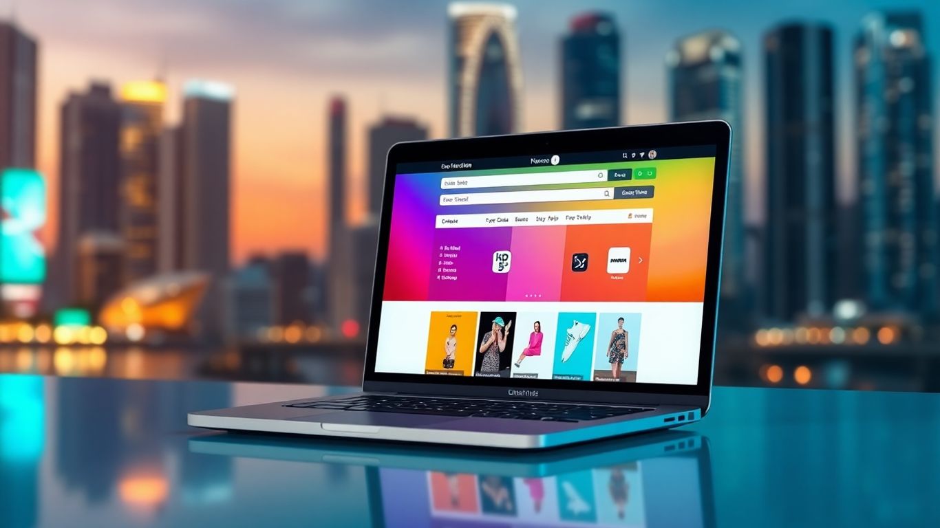 Online store interface on a laptop with cityscape background.