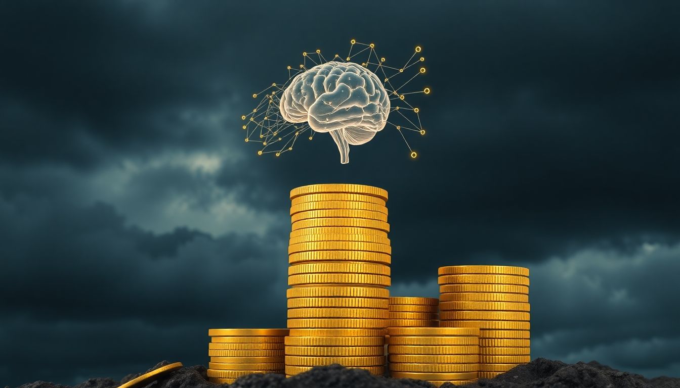 Golden coins stacked high, with a fragile digital brain above.