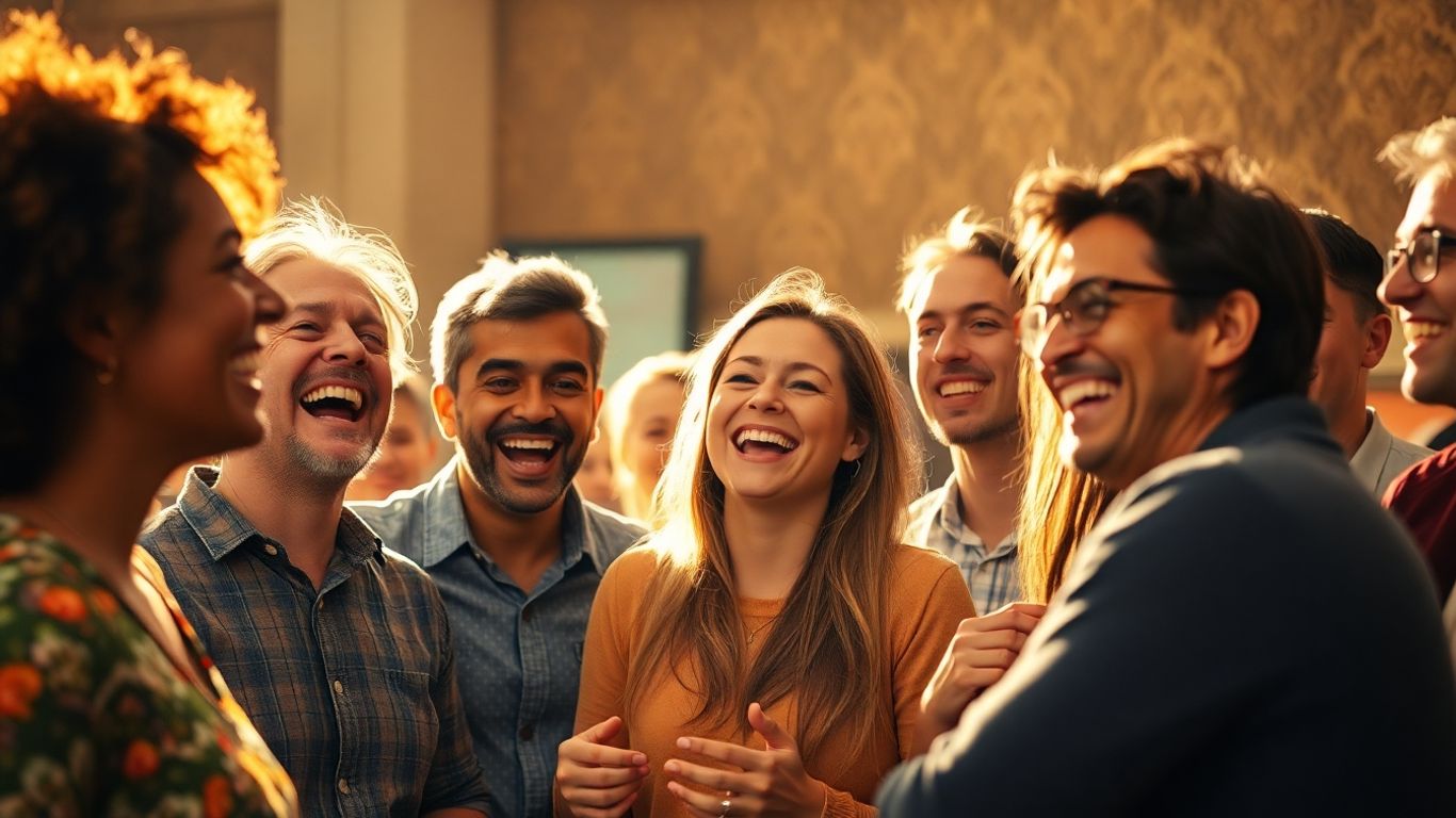 People laughing and smiling together in a bright, happy setting.
