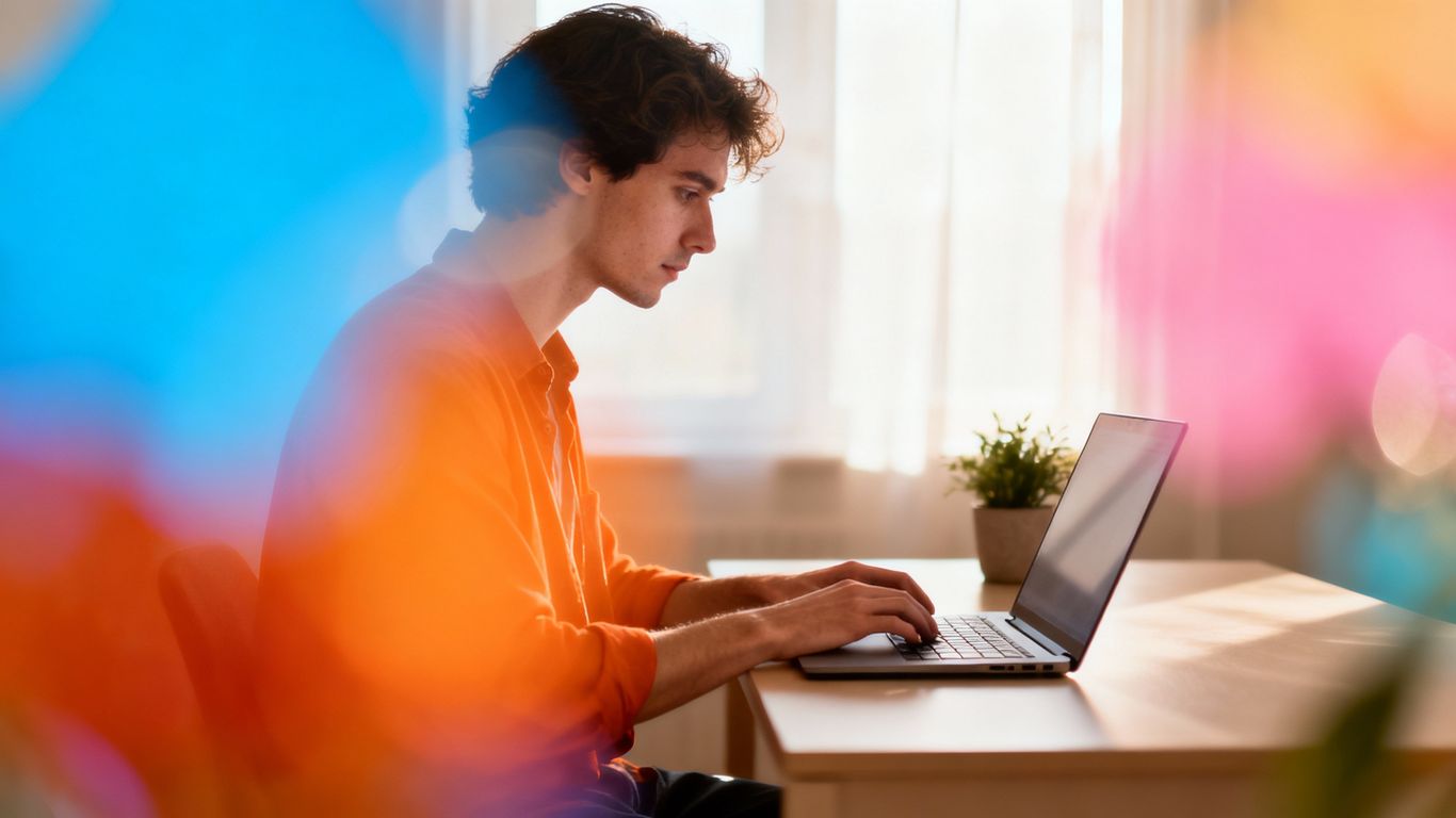 Person focused on laptop, distractions fading away.