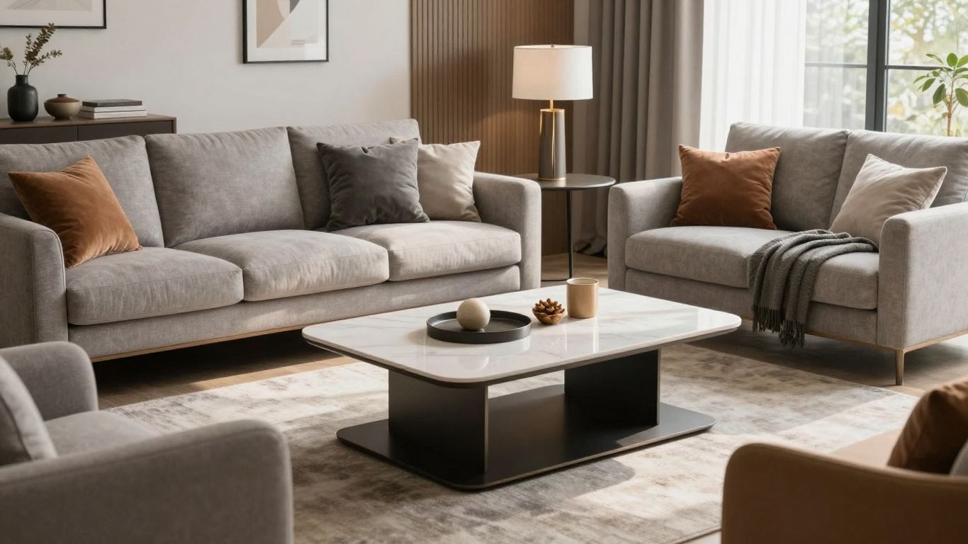 Stylish Airbnb living room with modern furniture and decor.