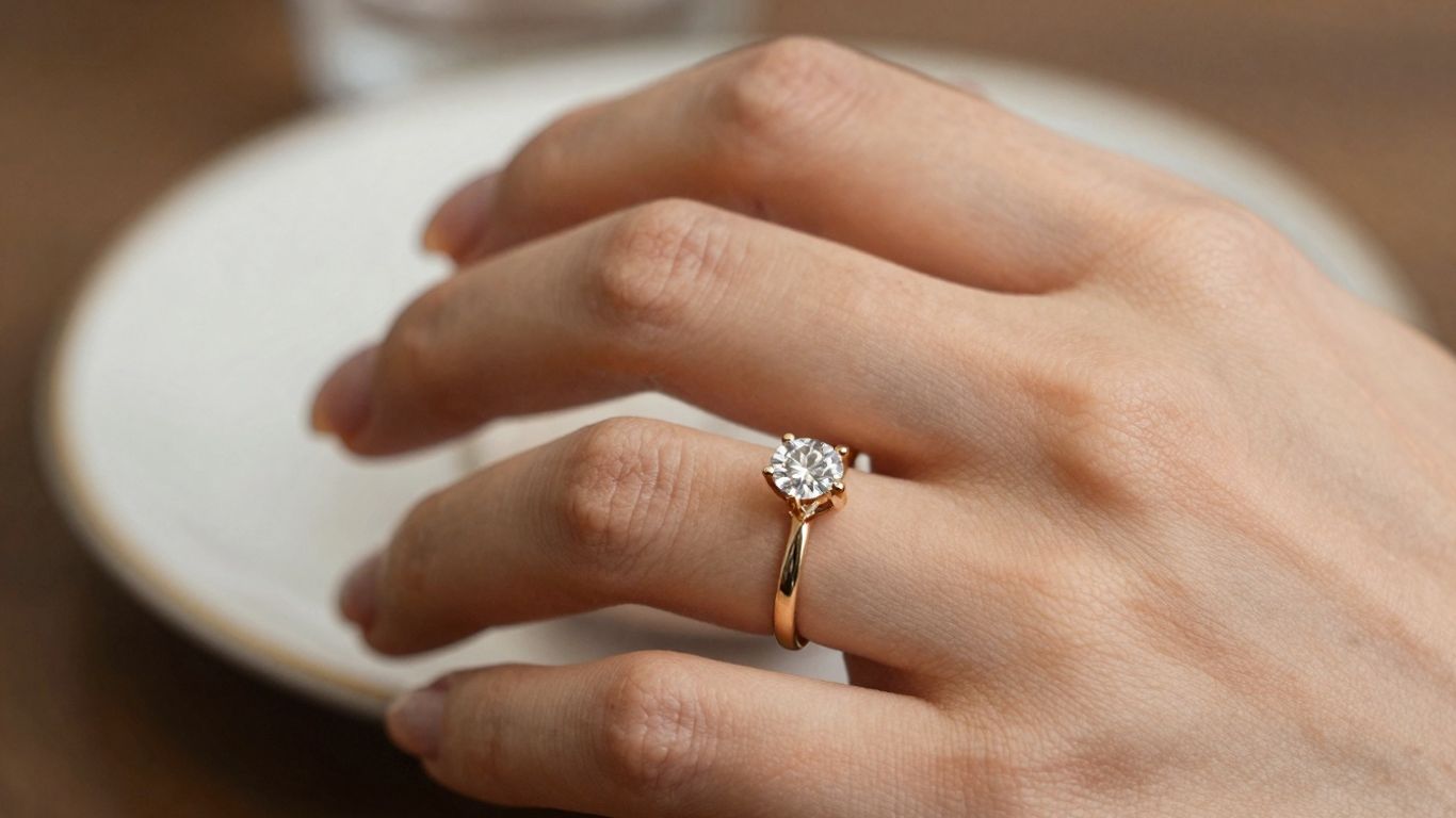 Gold engagement ring with diamond on woman's finger.