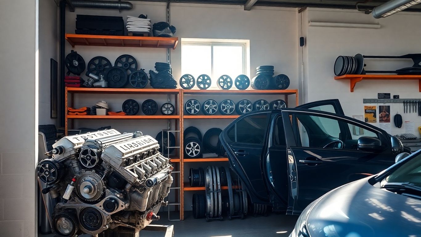 Mitsubishi car parts in a workshop