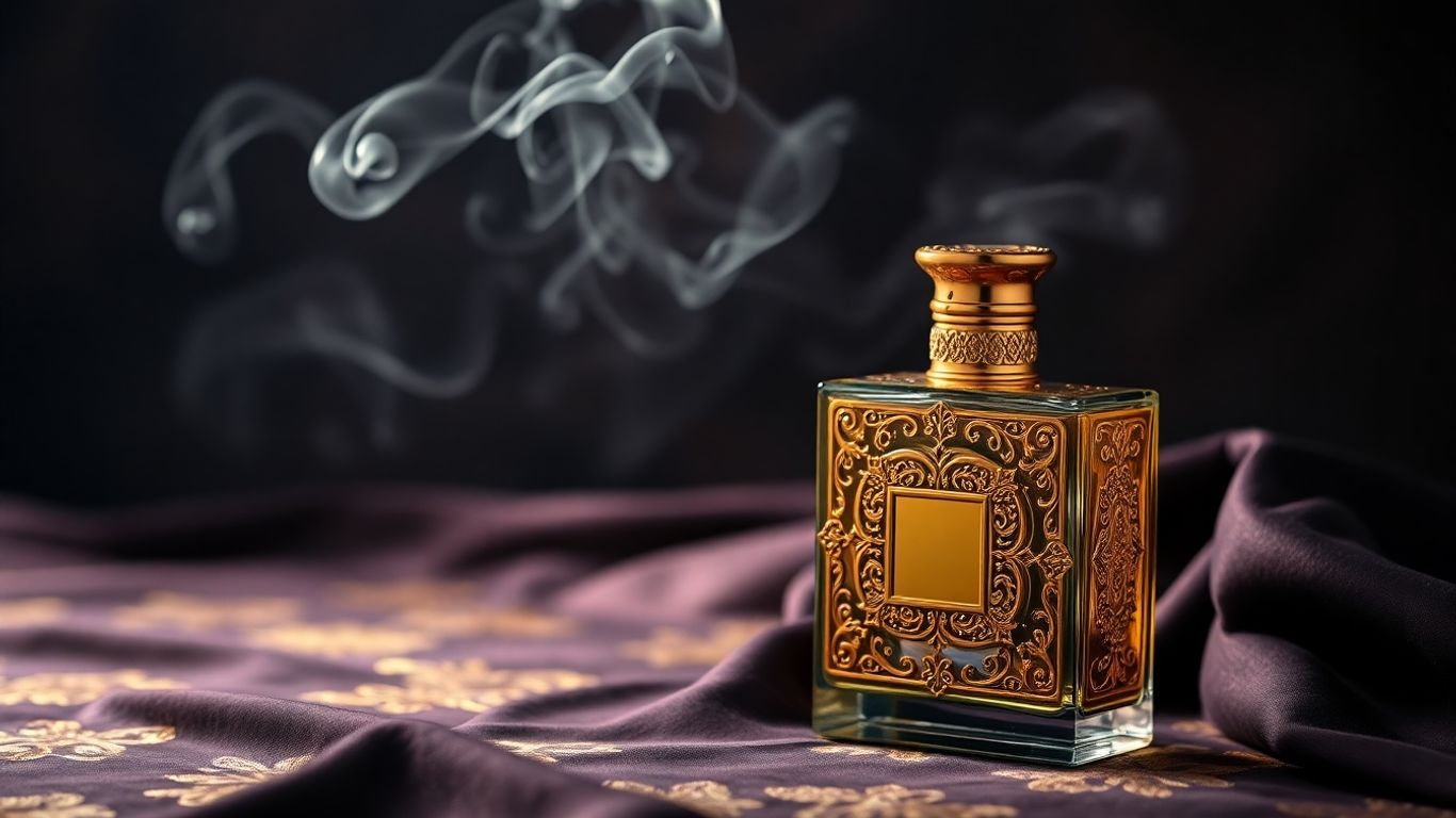 Ornate perfume bottle with smoke curling upwards.