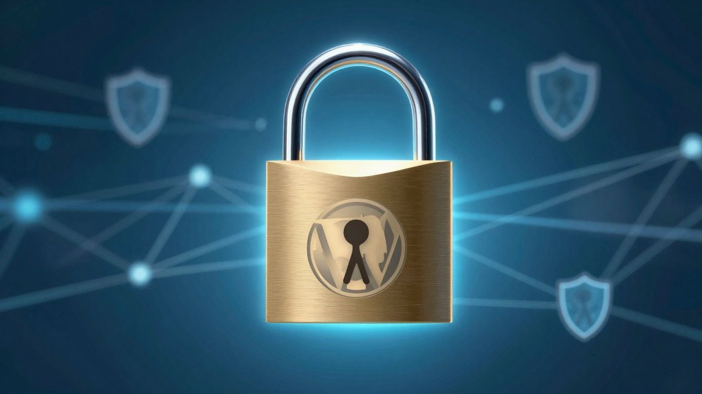 WordPress logo with a digital padlock and shield icons.