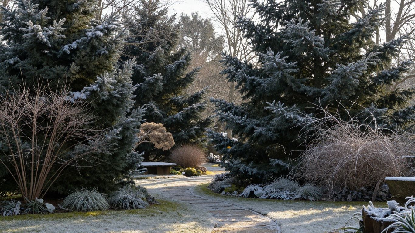 Snowy winter garden with dormant plants and frosty ground.