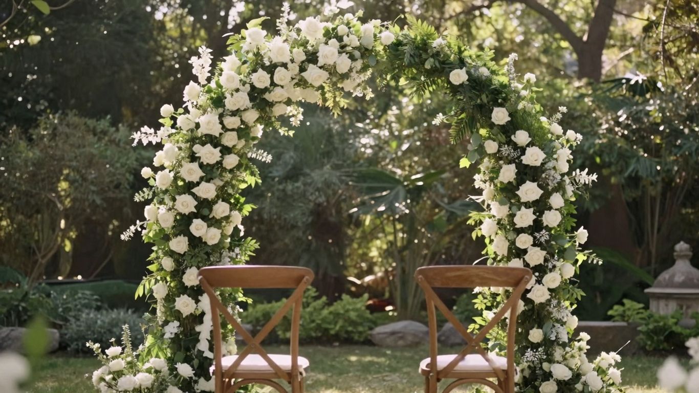 Romantic garden elopement ceremony with floral arch and chairs.