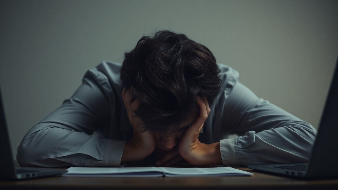 Pessoa exausta com a cabeça nas mãos.