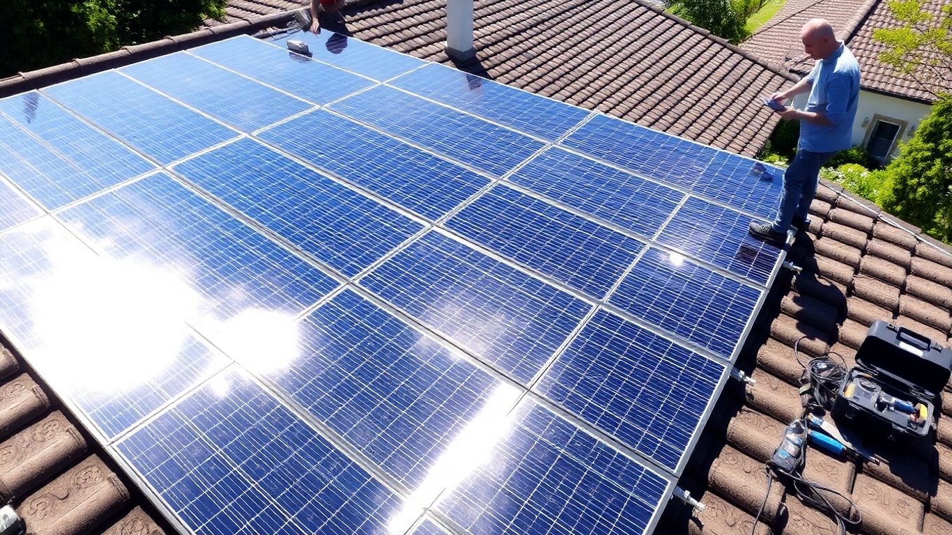 Rooftop solar panel installation with homeowner inspecting.