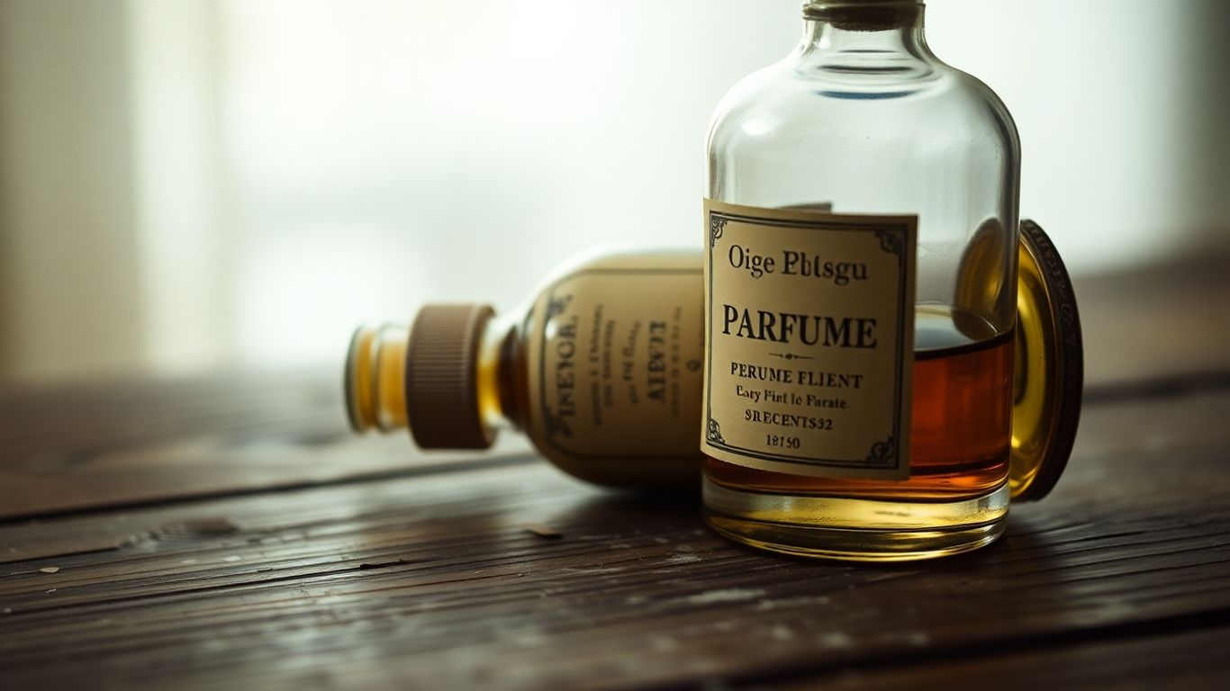 Perfume bottle with faded label on a wooden surface.