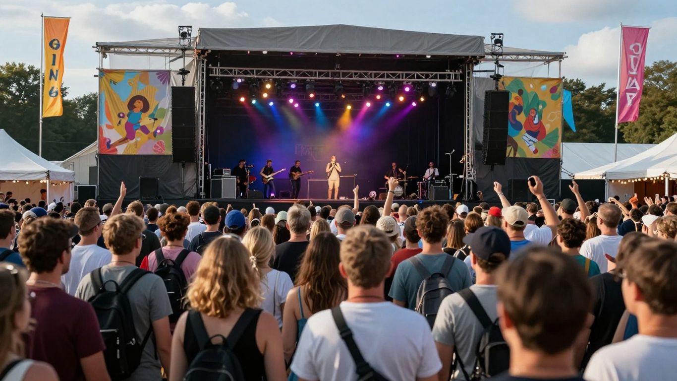 Festival de musique belge avec une foule joyeuse et une scène colorée.