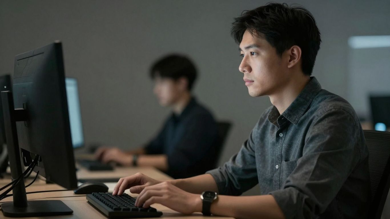 Trader with calm expression at desk.