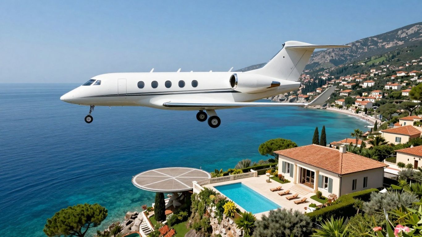 Private jet flying over European coast near villa.