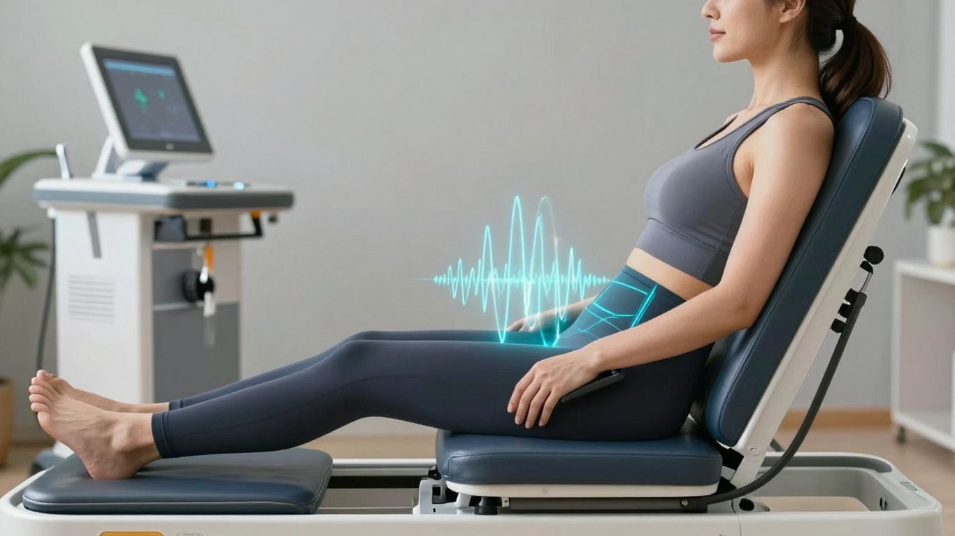 Woman using Emsella chair for incontinence treatment.