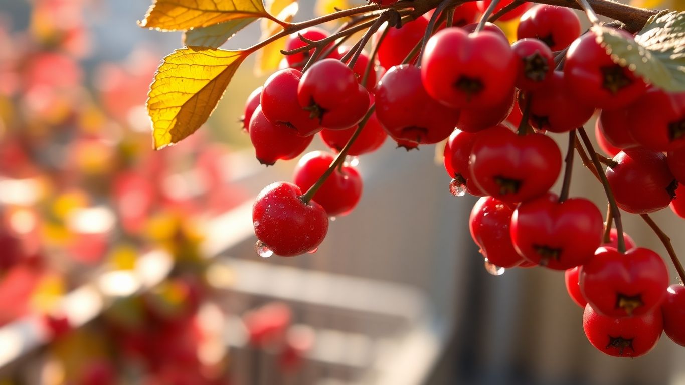 Reife Beeren am Ast im Spätherbst auf einem Balkon.