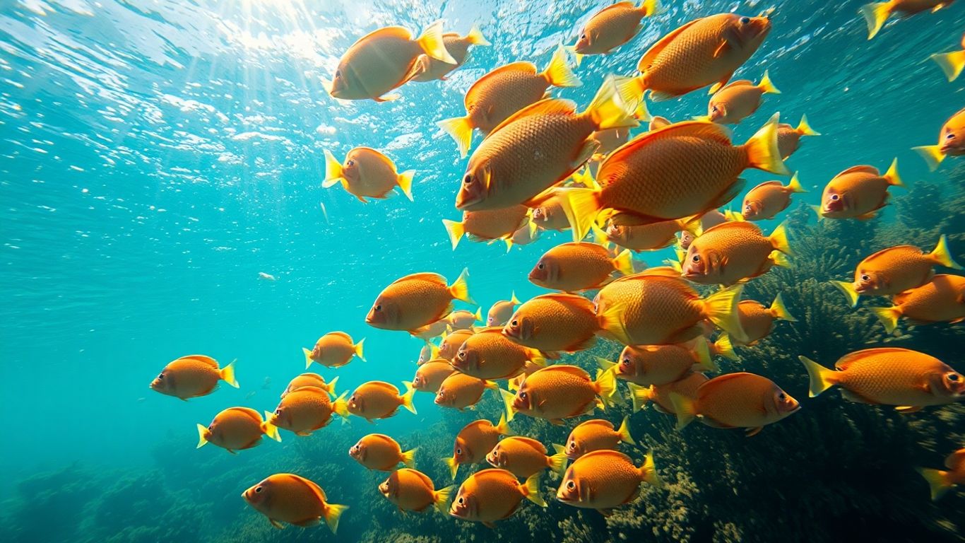 Peixes nadando em um ecossistema aquático vibrante e claro.